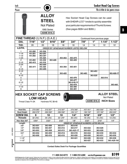 Hex Socket Cap Screw 1/2"-20 UNF x 3 1/4" LONG Alloy Steel ANSI B18.3-1986 by Spaenaur Inc.