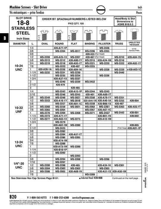 Machine Screw Flat Slot Head 10 - 24 UNC x 3/8" 18-8 Stainless Steel ANSI B18.6.3-1972