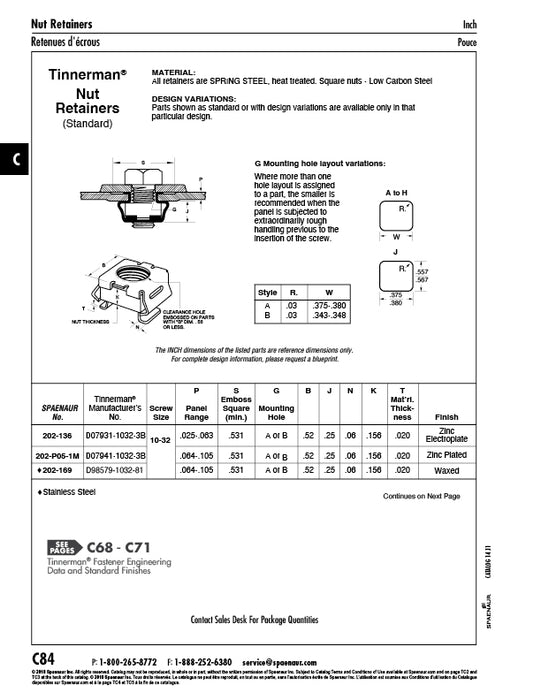 Écrou de retenue n° 10-32 UNF Gamme de panneaux 0,025" à 0,063" Acier à ressort, zingage électrolytique par Spaenaur Inc.