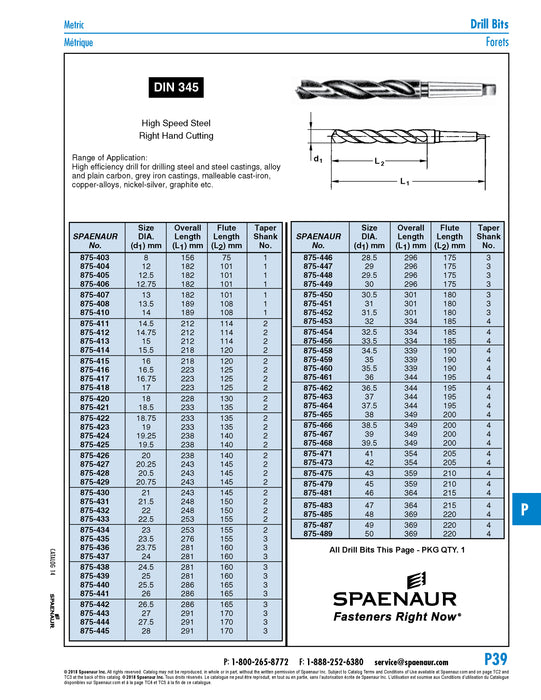 Taper Shank Twist Drill DIN 345RN 8.00mm x 156mm O/A LGTH (Morse#1) High Speed Steel DIN 345RN/HSS 8