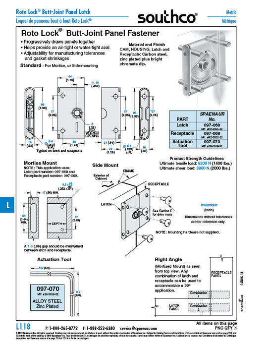 Pièce de verrouillage pour fixation de panneau à joint bout à bout de type standard « Roto Lock » en acier zingué par Spaenaur Inc.