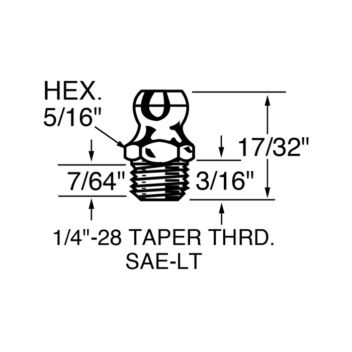 Raccord droit GRease 1/4"-28 UNF filetage conique, 5/16" hexagonal 17/32" O/A HT acier inoxydable lisse par Spaenaur Inc.