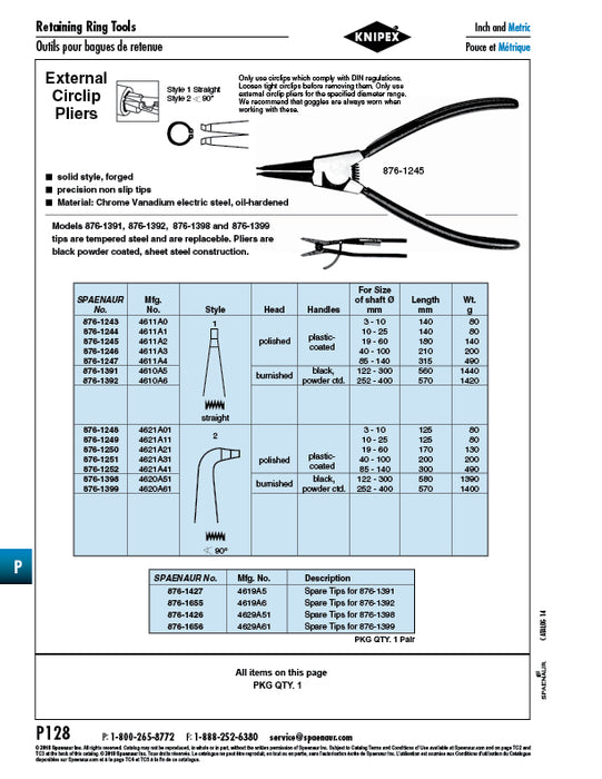 Spare Straight Tips (Pair) for External Circlip (Ret.Ring) Pliers (Sn #876-1392, Knipex #4610A6) for 252-400mm Shaft DIA Tempered Steel, Black