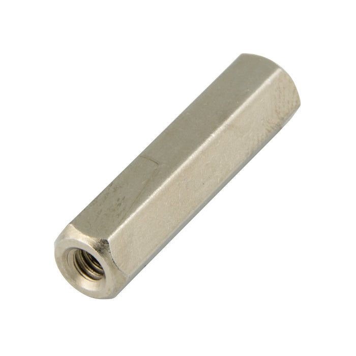 Hexagon Spacer, Tapped, Seamless Type Machined From Brass Rod Threaded #8-32 UNC, 1/4" LGTH, 1/4" A.F., Brass, Nickel Plated by Spaenaur Inc.