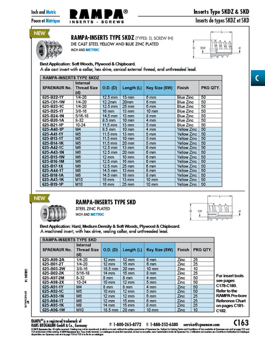Rampa Inserts Type Skdz, with Hex Drive, Conical Outside Thread, Collar, & Unthreaded Lead, #8-32 UNC Inside Thread 8.5mm OD x 10mm LGTH Die Cast Steel Blue Zinc Plated