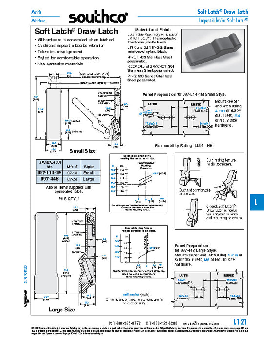 Loquet coulissant « Soft Latch » avec gâche en acier inoxydable, 1,80" x 5,95" (longueur), en élastomère thermoplastique, noir mat, par Spaenaur Inc.