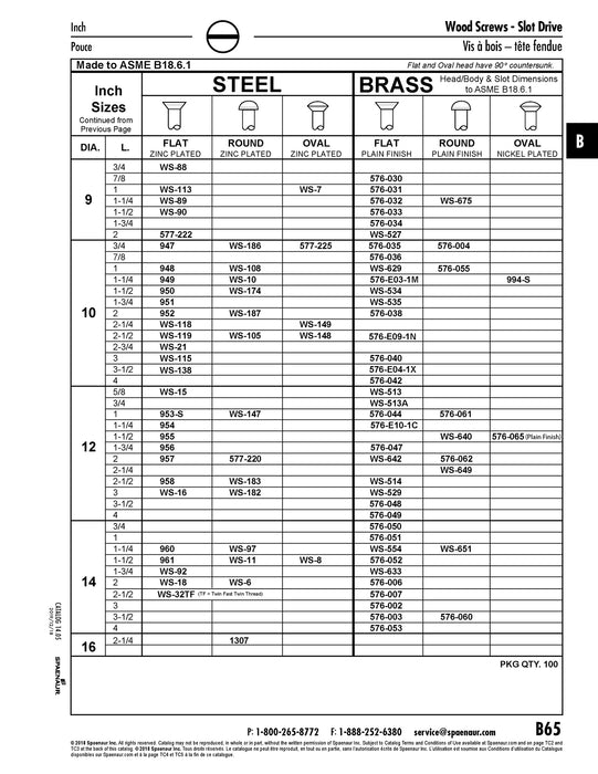 Wood Screw, Flat Head 90° ctsk., Slotted, #14 x 3-1/2" Length, Brass, ASME/ANSI B18.6.1