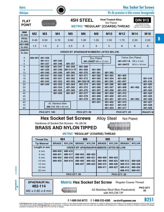 Hex Socket Set Screw, Flat Point M16 x 2.00 Pitch x 35mm CL 45H Alloy Steel Plain Finish DIN 913/45H M16X35