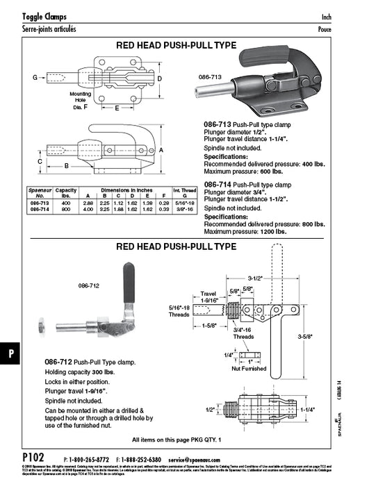 Red Head Push-Pull toggle Clamp 400 Lbs. Capacity, 2.88" O/A Hgt. Cast Malleable Iron Base Zinc Plate (Mfg Option) by Spaenaur Inc.
