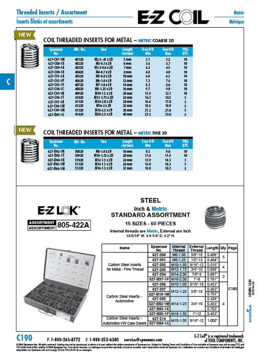 E-Z Coil Helical Thread Insert Metric Coarse M6 x 1.00mm x 12.0mm Length 18-8 Stainless Steel E-Z Lok # 40620