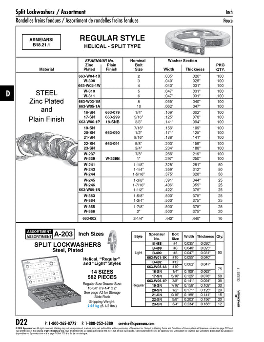 Rondelle élastique hélicoïdale (fendue), modèle standard, taille de boulon 1-3/8" (largeur 0,391" x épaisseur 0,344") Acier au carbone traité thermiquement Chromate de zinc ANSI B18.21.1-1972(R1983)