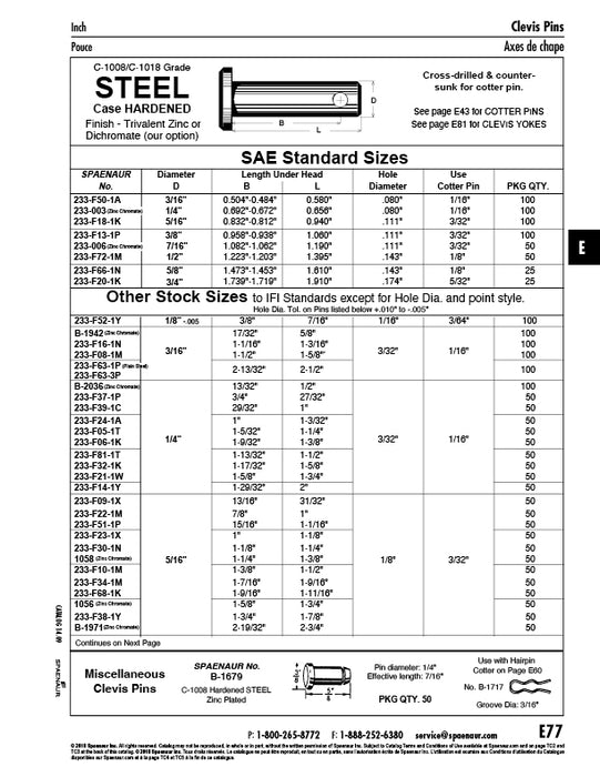 Clevis Pin Cross Drilled & Cntrsunk 1/4" x 1" to Hole Centre x 1-3/32" Under Head 3/32" Hole DIA C1018 Steel Case Hardened Trivalent Zinc Plated
