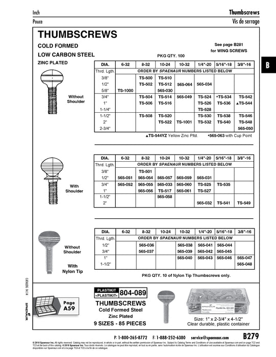 Thumbscrews with Shoulder #10-32 UNF x 3/4" LONG Low Carbon Steel Zinc Plated