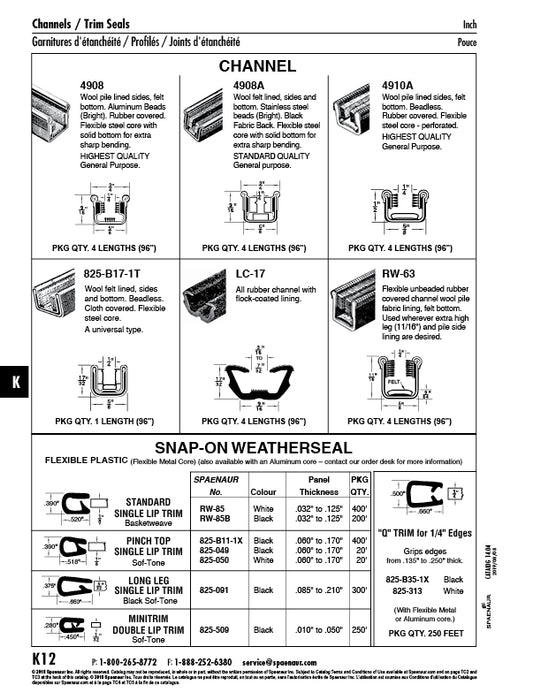 Snap-On Weatherseal, Pinch Top Single Lip Trim 1/8" Edge (0.060" to 0.170" Panel Thick) x 200 Ft Plastic/Metal Core, Black Softone