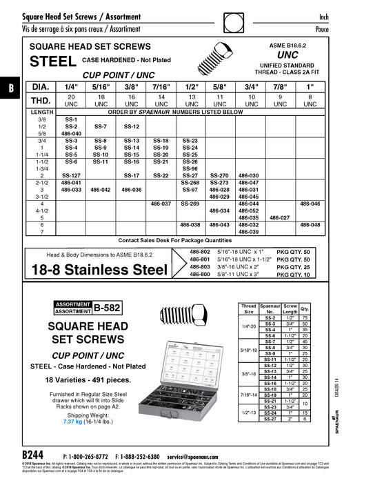 Square Head Set Screw, Cup Point 1/4"-20 UNC x 3/4" LONG Steel, Case Hardened Plain Finish ANSI B18.6.2