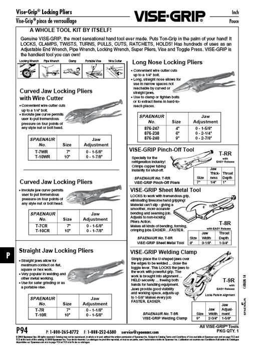Vise-Grip Locking Pliers, Curved Jaw, 10" O/A LGTH by Spaenaur Inc.