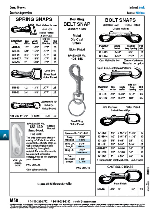 Spring Snap, Swivel Eye 3/8" Eye,1 15/16" Oal,.156" Snap Opening Cast Malleable Iron Nickel Plated