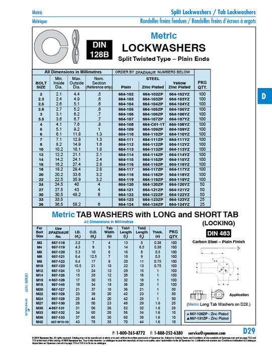 Twisted Split Lockwasher DIN 128B M33 Spring Steel Plain DIN 128B/ST M33 by Spaenaur Inc.