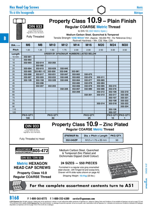 Hex Head Cap Screw DIN 933 M10 x 1.50 x 16mm Full Thread Class 10.9 Steel Plain DIN 933/10.9 M10X16