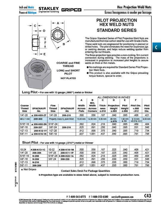 Pilot 3 Projection Weld Nut Standard Series - Short Pilot 3/8"-24 UNF Low Carbon Steel Plain