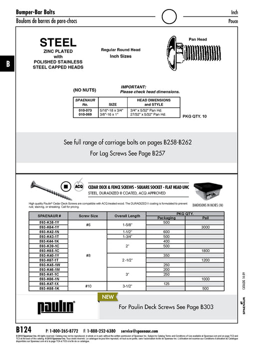 Bumper Bar Bolt with Stainless Steel Capped Pan Head 5/16"-18 UNC x 3/4" LG Steel Zinc Chrom PLTD by Spaenaur Inc.