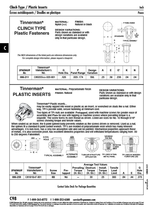 Standard Design Clinch Type Fastener, Nylon, Natural, .020-.174" Panel Range by Tinnerman®