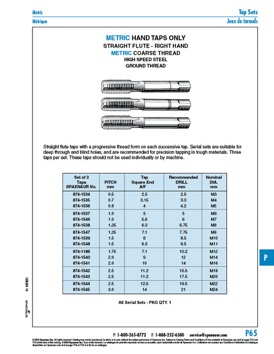 3 Piece Serial Tap Set M12 x 1.75 High Speed Steel, Ground