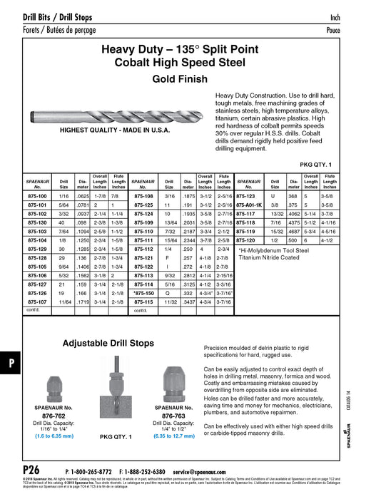 Jobber'S Length Drill, Heavy Duty, 135 Degree Split Point 13/64" DIA Cobalt High Speed Steel, Gold Finish