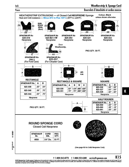 Half Round Weatherstrip 1/2" x 0.25" HT x 50Ft/Roll Neoprene Sponge Closed Cell, Black by Spaenaur Inc.