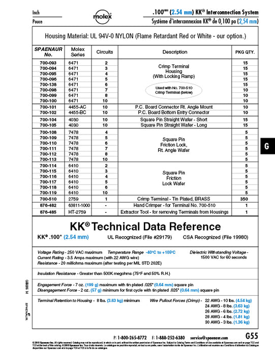 Square Pin Friction Lock 6 Circuit Kk Interconnection System .100"(2.54mm) Centre Spacing Series 6410-6A Nylon Red or White Ul94V-0, Pin - Brass Tinned, Flame Retardant