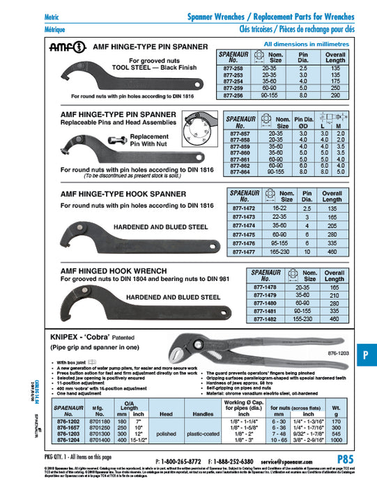 Hinged Hook Wrench with 6.0mm Pin, for DIN 1816 Nuts 60-90mm DIA. Special Steel Hardened And Blued by Spaenaur Inc.