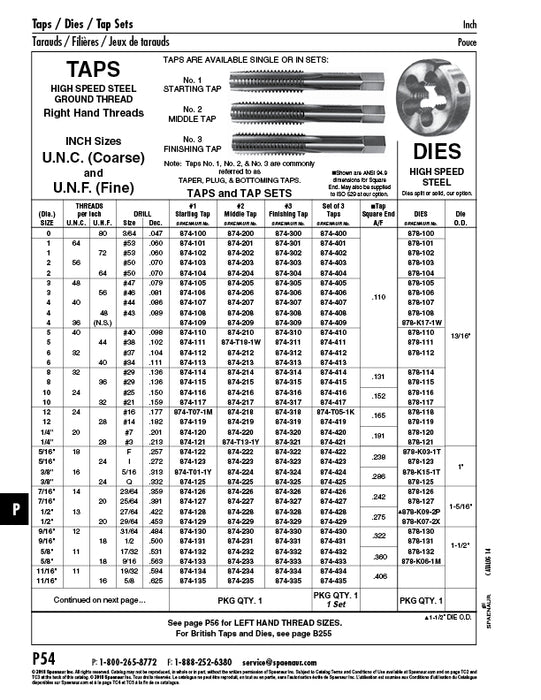 Jeu de 3 tarauds, pouces, n° 1-64, acier rapide ISO 529, par Spaenaur Inc.