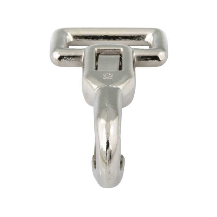 Mousqueton, œillet rond pivotant, œillet 5/8 po, longueur totale 3 1/8 po, ouverture 1/4 po, moulé en zinc, nickelé par Spaenaur Inc.