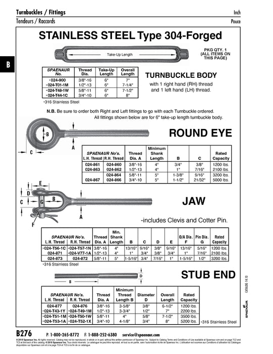 Stub End Turnbuckle Fitting Lht 1/2"-13 UNC Lht (for 6" Take-Up) 316 Stainless Steel forged