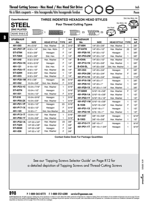 Thread-Cutting Screw, Indented Hex Washer Head Type F #8-32 UNC x 5/16" (Head 1/4" AF) Low Carbon Steel Case Hardened Zinc Chromate, ANSI B18.6.4-1966