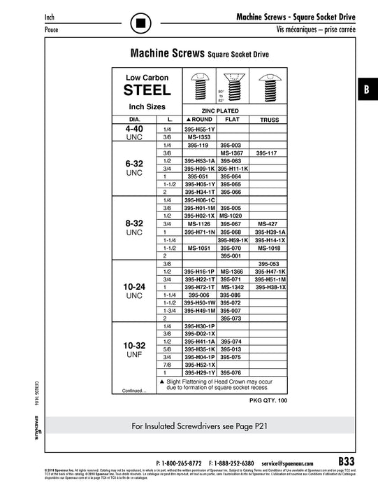 Machine Screw Square SKT Round Head #10-24 UNC x 1 1/2" LG Low Carbon Steel Trivalent Zinc Plated ANSI B18.6.3-1972