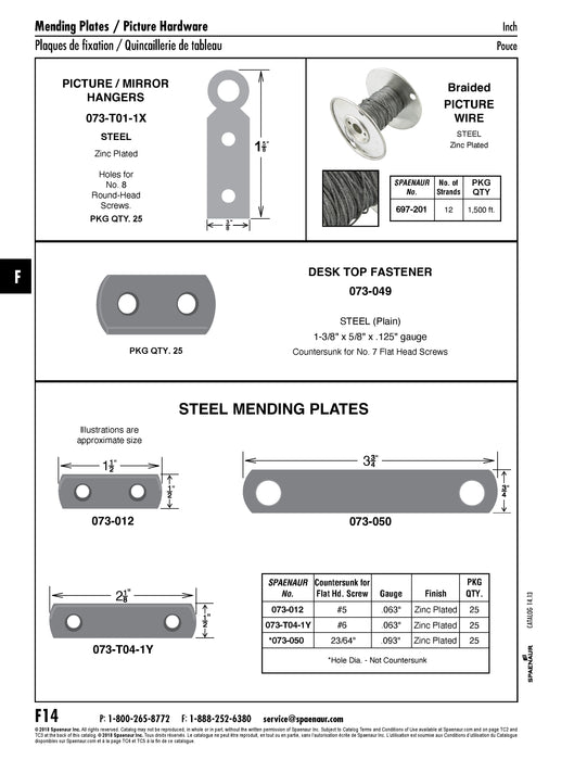 Straight Mending Plate with 2 Holes Countersunk for #5 Flat Head Screws 1/2" Wide x 1-1/2" LONG Steel Zinc Plated
