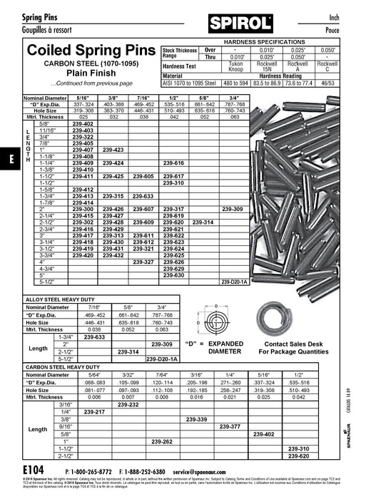 Coiled Spring Pin Standard Duty Nom DIA 5/16" x 2" LGTH High Carbon Spring Steel Plain
