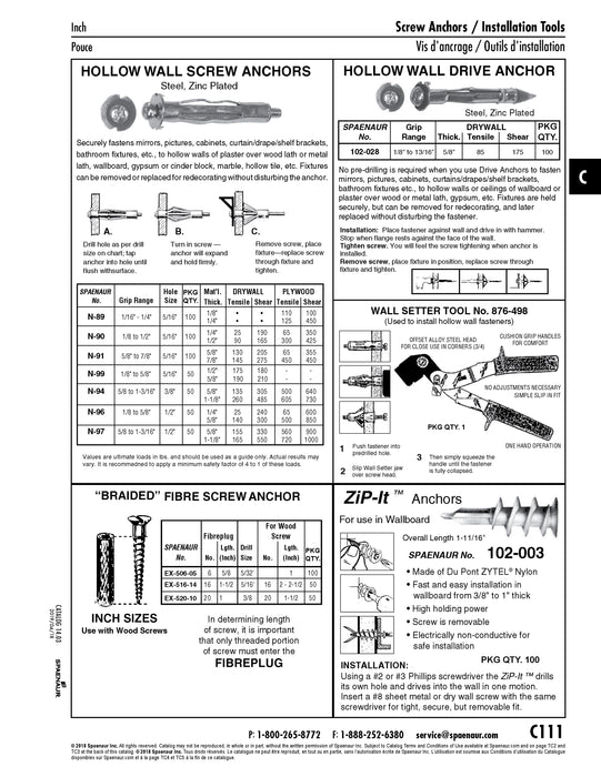 Wall Grip Screw Anchor, #6-32 (1/16"-1/4" Grip Range) 5/16" Drill Size, Steel Zinc Plated
