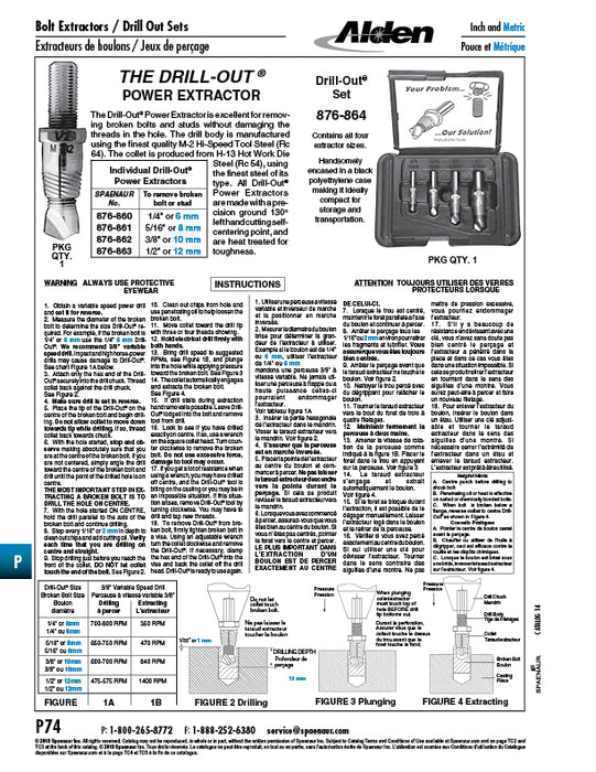 Broken Bolt Extractor Set 1/4" to 1/2" DIA High Speed Steel In Black Polyethylene Case 4017P