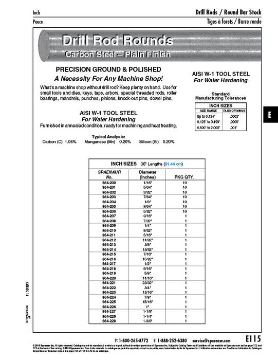 Drill Rod Round, W-1 9/32" DIA x 36" LGTH Carbon Steel AISI W-1 Annealed, Ground & Polished by Spaenaur Inc.