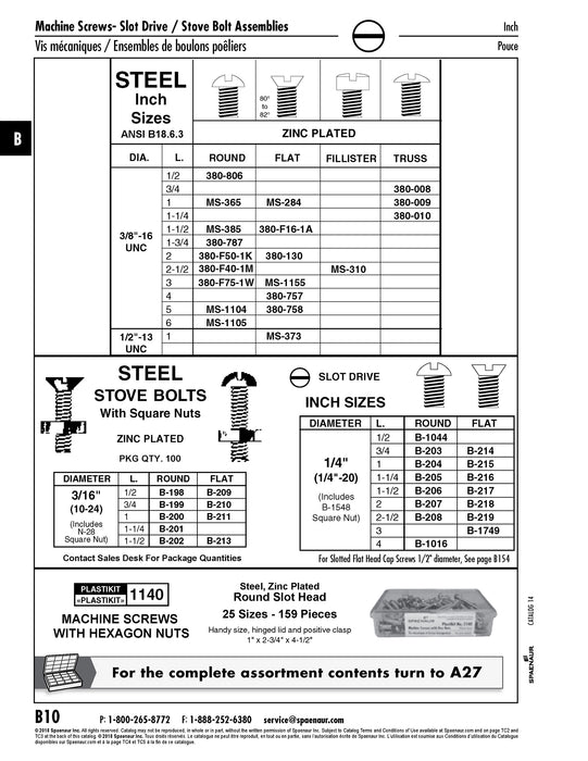 Stove Bolt Flat Slot Head & Square Nut (Ms-107+B-1548) 100/Pk 1/4"-20 UNC x 1" Steel Zinc Plated