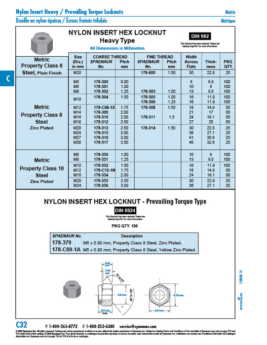 Nylon Insert Hex Locknut, DIN 982 M24 x 3.00 CL 10 Steel Zinc Plated DIN 982/10-ZP M24 by Spaenaur Inc.