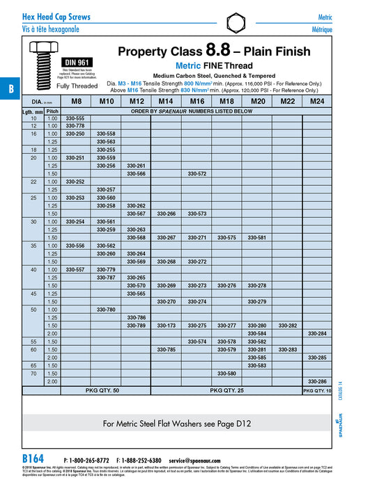 Hex Head Cap Screw DIN 961 M10 x 1.25 x 18mm LG, Full Thread Class 8.8 Steel Plain Finish DIN 961/8.8 M10X1.25X18