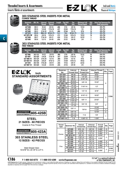 Insert fileté E-Z Lok, filetage interne #10-32 UNF, filetage externe autobloquant 3/8"-16 UNC x .406" LGTH 303 Acier inoxydable passivé par E-Z Lok
