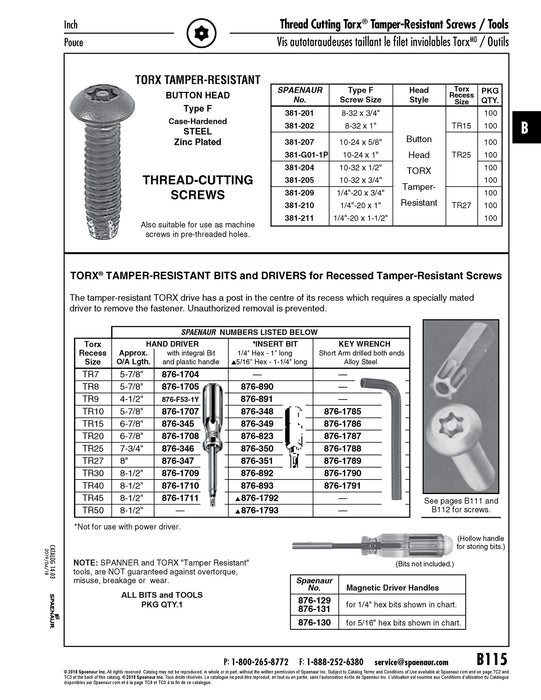 torx Insert Bit for Tamper-Resistant Screws Tr-25, 1/4" Hex