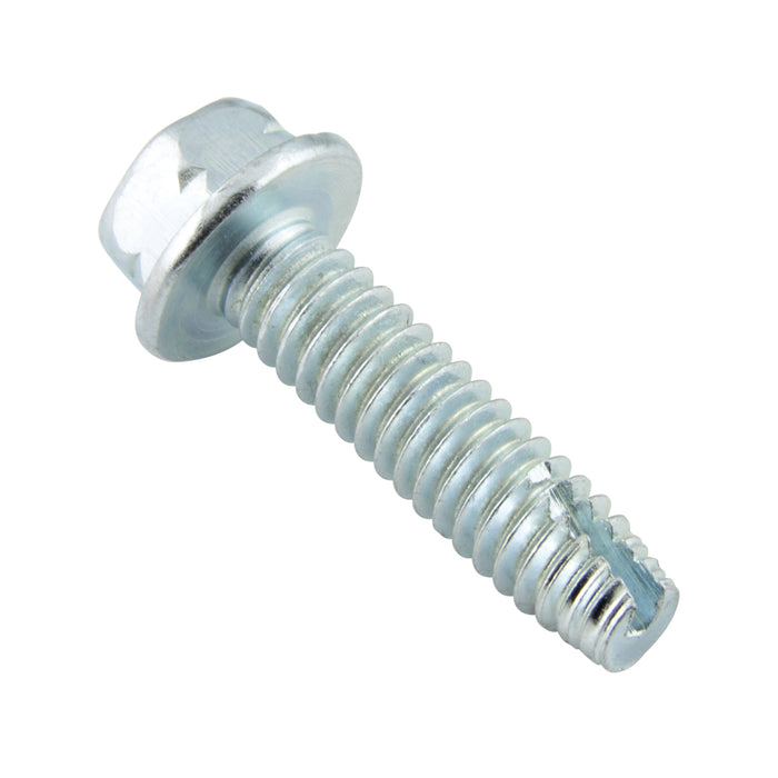 Vis autotaraudeuse, tête hexagonale crantée avec rondelle, type F 5/16" - 18 UNC x 5/8" L (HD 1/2" AF), acier à faible teneur en carbone, revêtement en zinc dur, conforme à la norme ANSI B18.6.4-1966, fabriquée par Spaenaur Inc.