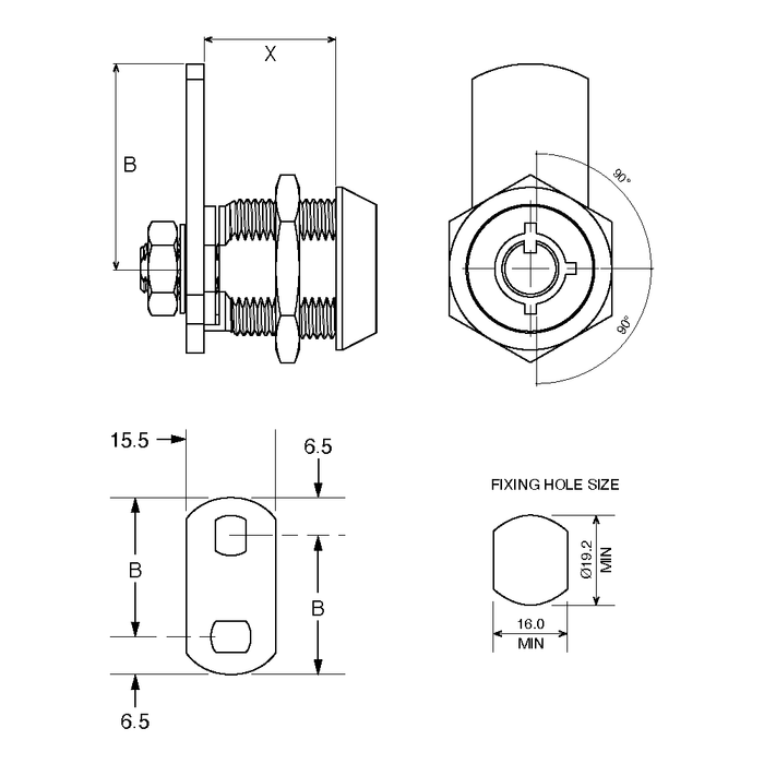 Serrure à goupilles radiales (RPT), tête conique, came plate de 28 mm x longueur de 18 mm x épaisseur maximale du panneau de 3,5 mm, clés différentes, sans clé passe-partout, finition chrome brillant