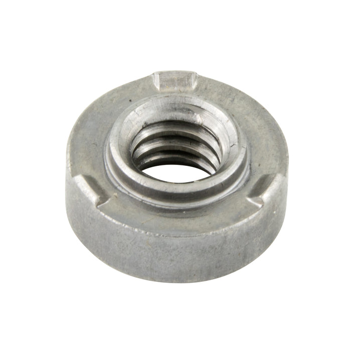 Écrou à souder rond court de type « Pilot » à filetage #8-32, en acier à faible teneur en carbone, finition brute, fabriqué par Spaenaur Inc.