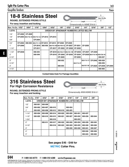 Cotter Pin Round, Extended Prong 5/16" x 1 1/2" 18-8 Stainless Steel
